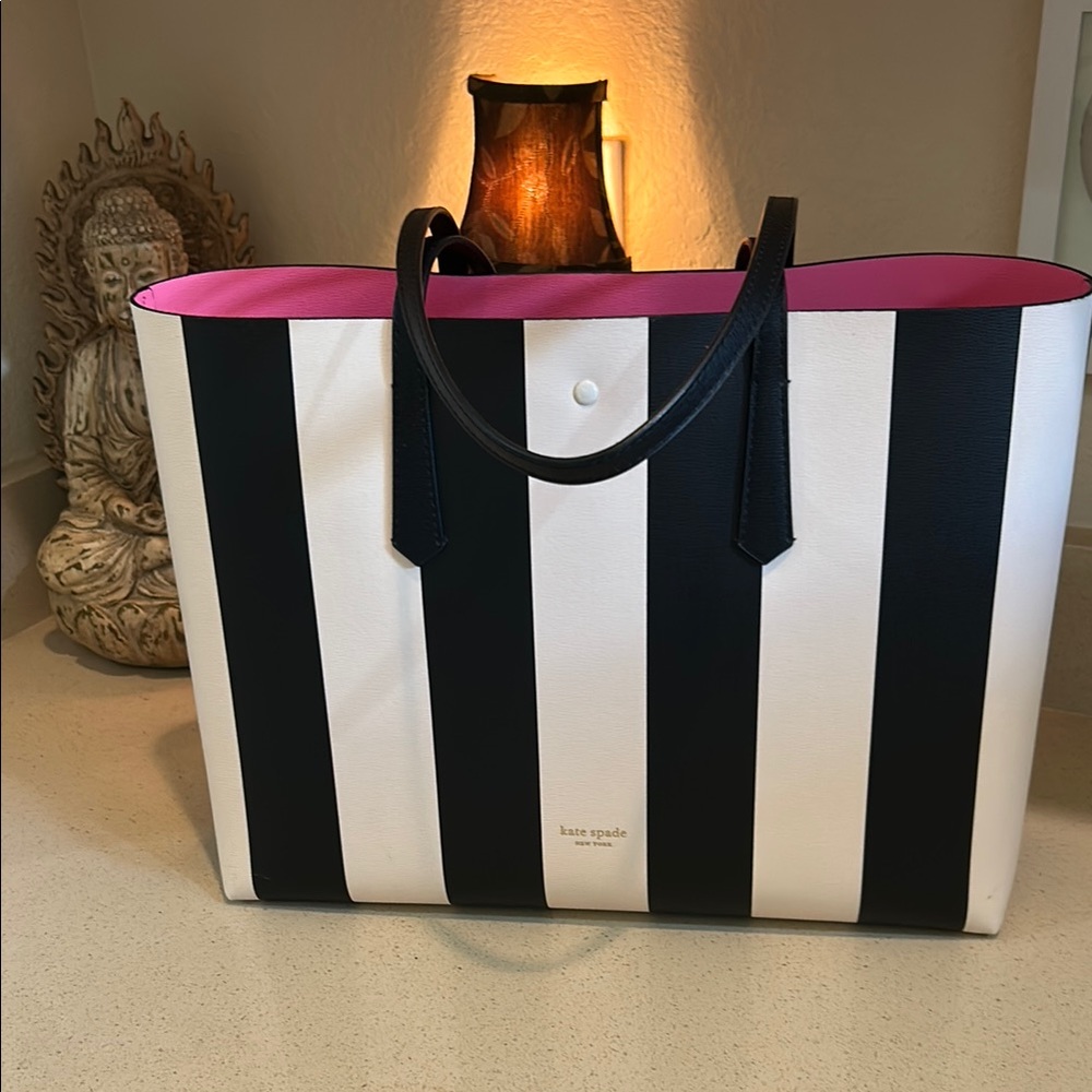 Kate Spade Black and White Striped Tote with Pink Accent